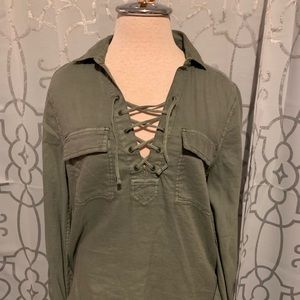 So Brand | Green Lace Up Chambray Top | Size M